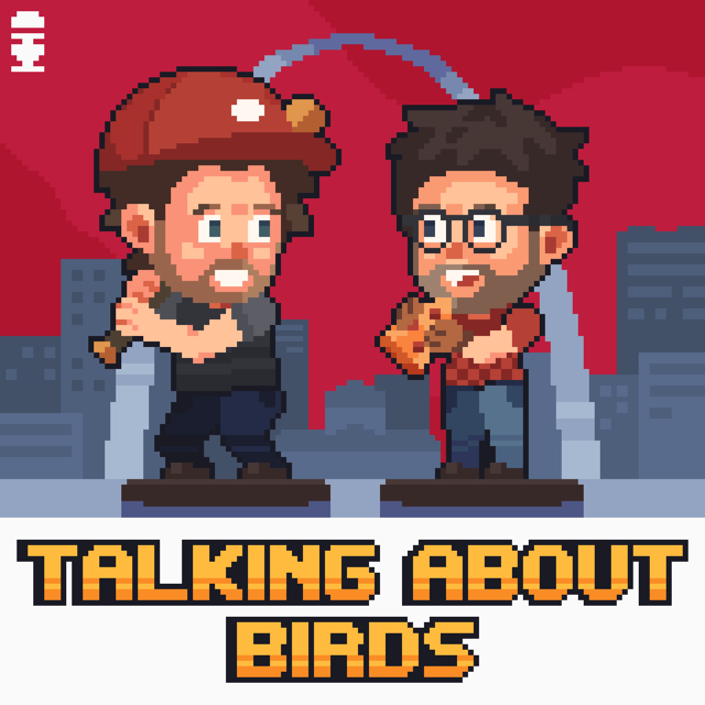 Talking About Birds artwork: pixel-art Nate and Ben in front of the Gateway Arch